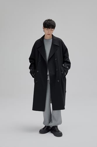 Mens Oversized Long Trench Coat Double Breasted Lapel Windproof Overcoat With Belt