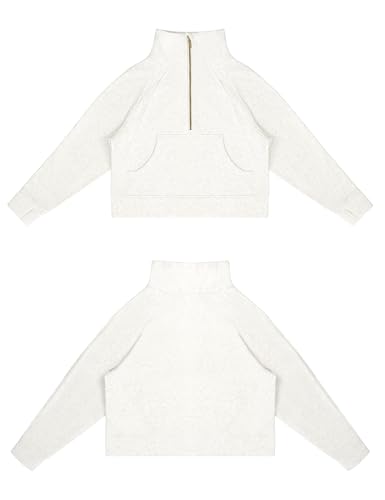 Womens' Half Zip Pullover Fleece Stand Collar Crop Sweatshirt with Pockets Thumb Hole