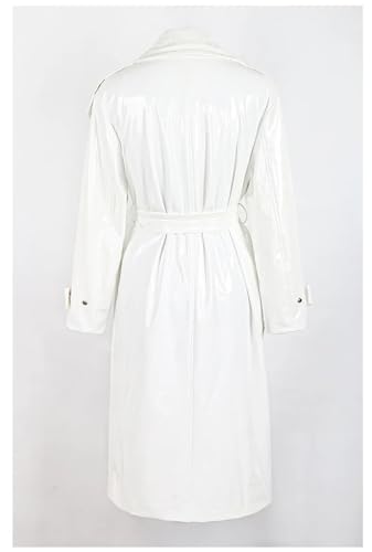 Long Loose White Shiny Reflective Patent Leather Trench Coat For Women Sashes Single Breasted
