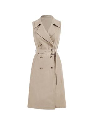 Women's Double Breasted Trench Coats Lapel Collar Sleeveless Belted Vest Jacket