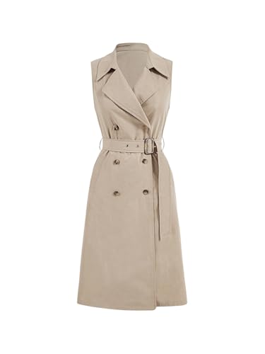 Women's Double Breasted Trench Coats Lapel Collar Sleeveless Belted Vest Jacket