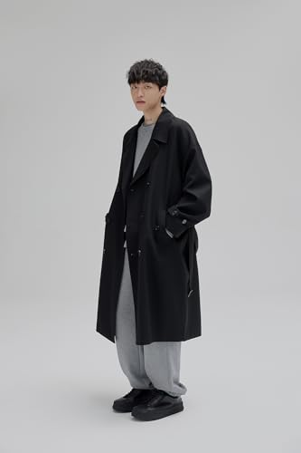 Mens Oversized Long Trench Coat Double Breasted Lapel Windproof Overcoat With Belt