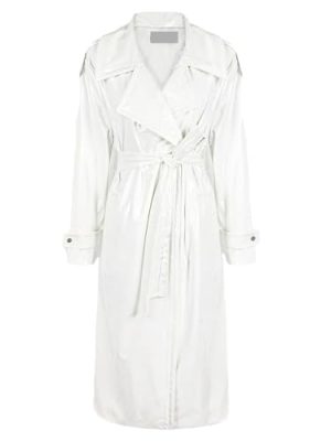 Long Loose White Shiny Reflective Patent Leather Trench Coat For Women Sashes Single Breasted