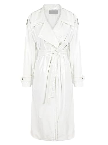 Long Loose White Shiny Reflective Patent Leather Trench Coat For Women Sashes Single Breasted
