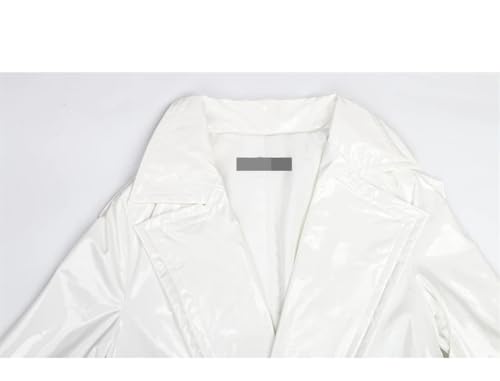 Long Loose White Shiny Reflective Patent Leather Trench Coat For Women Sashes Single Breasted