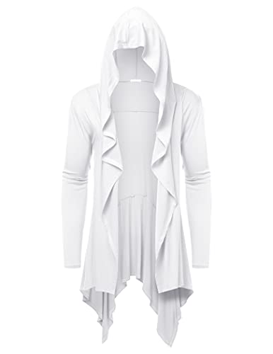 Long Hooded Cardigan Ruffle Shawl Collar Open Front Lightweight Drape Cape Overcoat with Pockets