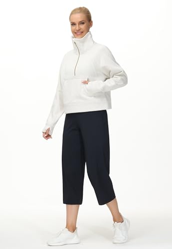 Womens' Half Zip Pullover Fleece Stand Collar Crop Sweatshirt with Pockets Thumb Hole