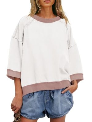 Womens 3/4 Length Sleeve Tops Oversized Fall Sweatshirts Crewneck Striped Shirt Casual Pullover Sweatshirts