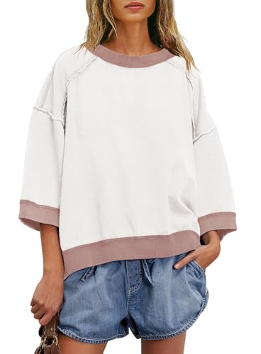 Womens 3/4 Length Sleeve Tops Oversized Fall Sweatshirts Crewneck Striped Shirt Casual Pullover Sweatshirts
