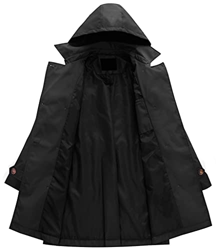 Women's Double Breasted Trench Coats Mid-Length Belted Overcoat Long Dress Jacket with Detachable Hood