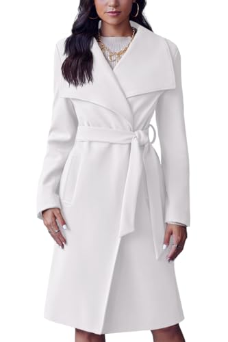 Women's Pea Trench Coat Lapel Collar Long Jacket Open Front Belted Overcoat with Pockets