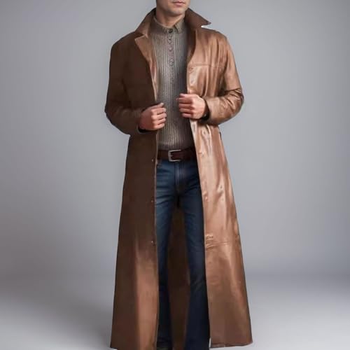 Men's Leather Trench Coat Full Length Vintage Faux Leather Long Overcoat Fall Winter Windproof Jacket Cardigan