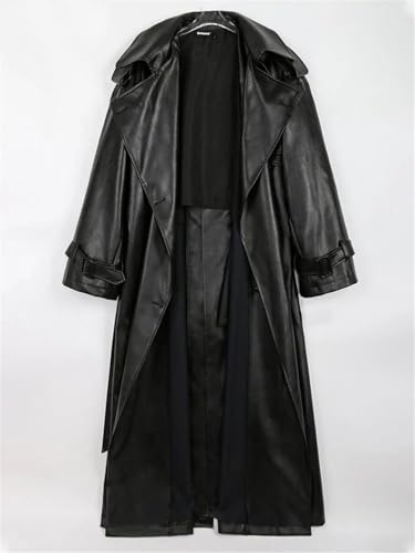 Women's Spring Belted Double-Breasted Loose Korean-Style Long Leather Trench Coat