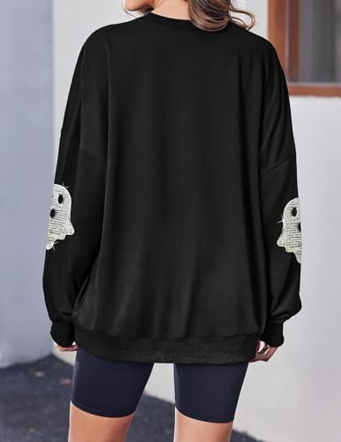 Halloween Sweatshirts for Women Sequin Ghost Long Sleeve Shirt Oversized Spooky Season Pullover Tops