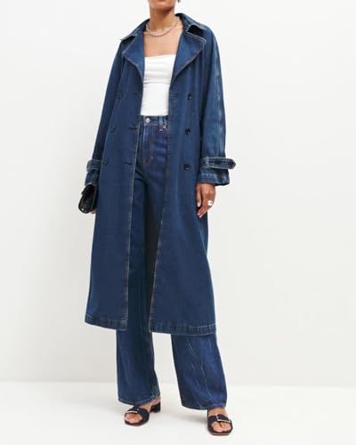 Women's Denim Trench Coat Double Breasted Jean Midi Overcoat Classic Lapel Long Jackets With Belt