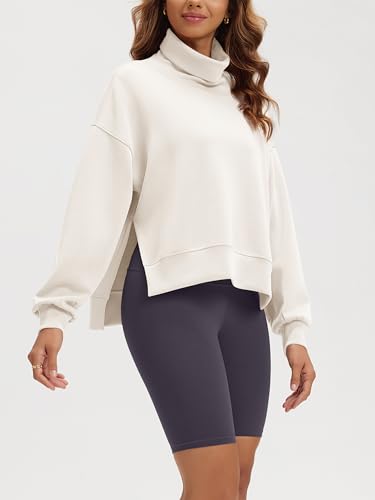 Modal Soft Split Hem Turtleneck Sweatshirts for Women Long Sleeve Casual Pullover Top