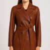 Double Breasted Leather Coat For Women Genuine Leather Trench Coat Long Waist Belt Black and Brown