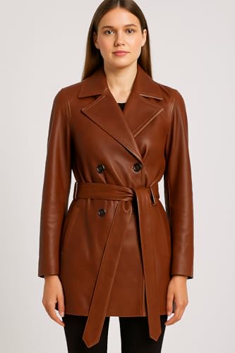 Double Breasted Leather Coat For Women Genuine Leather Trench Coat Long Waist Belt Black and Brown