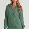 Womens 2025 Hoodies Button Collar Drawstring Hooded Pullover Sweatshirt Casual Long Sleeve Tops Shirts