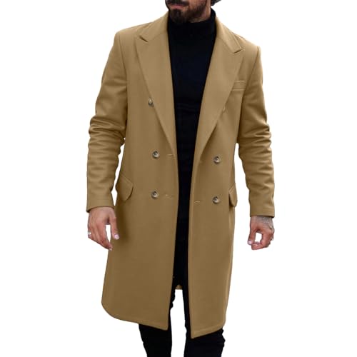 Mens Trench Coat Long Casual Single Brested Overcoat Winter Notched Collar Wool Blend Peacoat with Pockets