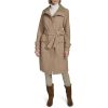 Women's Stand Belted Wool Trench Coat with Soft Ribbed-Knit Collar Detail