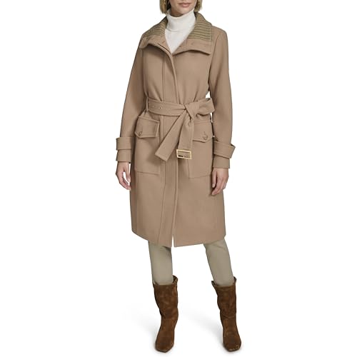 Women's Stand Belted Wool Trench Coat with Soft Ribbed-Knit Collar Detail