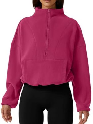 Women Half Zip Fleece Sweatshirt Mock Neck Long Sleeve Winter Cozy Sherpa Pullover Sweater Tops
