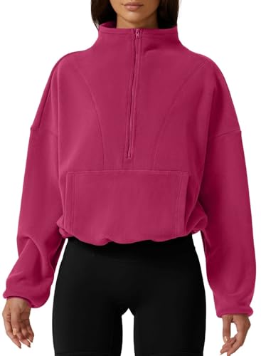 Women Half Zip Fleece Sweatshirt Mock Neck Long Sleeve Winter Cozy Sherpa Pullover Sweater Tops