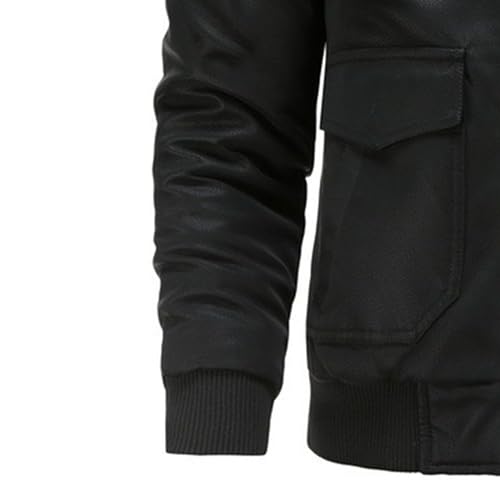 Faux Leather Jacket for Men Vintage Leather Motorcycle Biker Jackets Warm Windproof Zip-Up Hooded Coats Outerwear