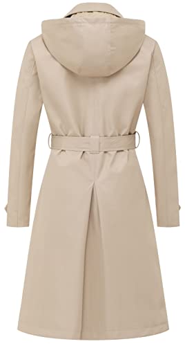 Women's Long Trench Coat Double-Breasted Classic Lapel Overcoat Belted Slim Outerwear Coat with Detachable Hood