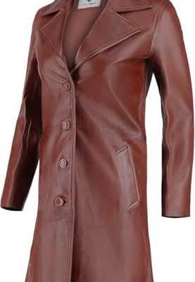 TLC Genuine Long Leather Jacket Women, Stylish and Soft Real Lambskin Leather Trench Coat with Button Design