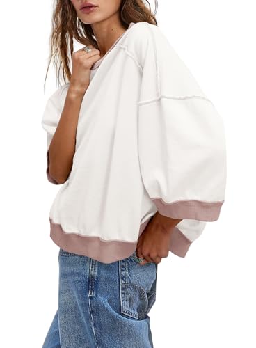 Womens 3/4 Length Sleeve Tops Oversized Fall Sweatshirts Crewneck Striped Shirt Casual Pullover Sweatshirts