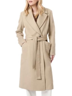Women's Notch Lapel Collar Pea Coat Long Sleeve Casual Fall Winter Long Overcoat with Belt