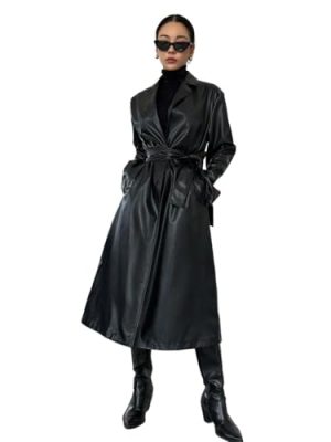womens trench coat Lapel Neck Belted PU Leather Trench Coat