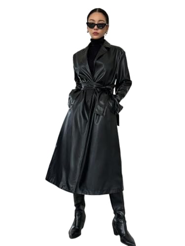 womens trench coat Lapel Neck Belted PU Leather Trench Coat