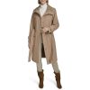 Women's Stand Belted Wool Trench Coat with Soft Ribbed-Knit Collar Detail
