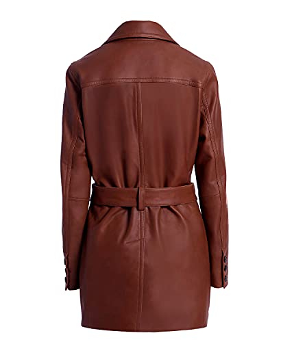 Double Breasted Leather Coat For Women Genuine Leather Trench Coat Long Waist Belt Black and Brown