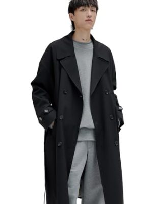 Mens Oversized Long Trench Coat Double Breasted Lapel Windproof Overcoat With Belt