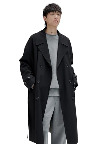 Mens Oversized Long Trench Coat Double Breasted Lapel Windproof Overcoat With Belt