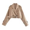 Womens Cropped Bike Jacket Casual Double Breasted Trench Coat with Belt