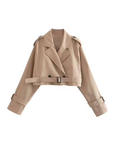 Womens Cropped Bike Jacket Casual Double Breasted Trench Coat with Belt