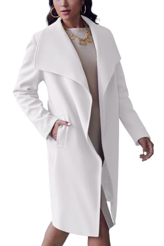 Women's Pea Trench Coat Lapel Collar Long Jacket Open Front Belted Overcoat with Pockets