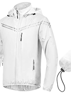 Men's Packable Waterproof Running Rain Coats Reflective Cycling Jacket Windbreaker With Removable Hood