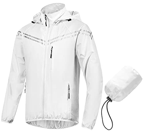 Men's Packable Waterproof Running Rain Coats Reflective Cycling Jacket Windbreaker With Removable Hood