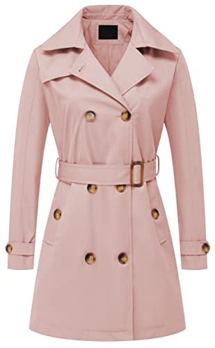 Women's Double Breasted Trench Coats Mid-Length Belted Overcoat Long Dress Jacket with Detachable Hood