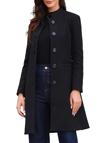 Winter Coat for Women Stand Collar Single Breasted Pea Coat Mid-Long Outwear with Pocket