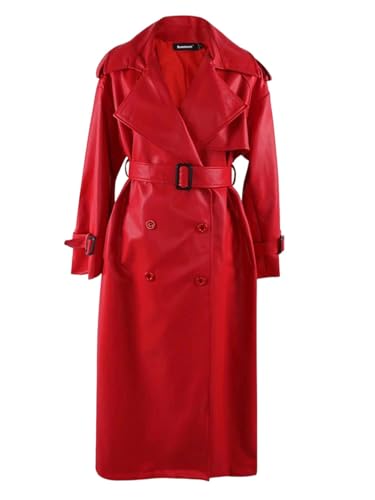Women's Spring Belted Double-Breasted Loose Korean-Style Long Leather Trench Coat