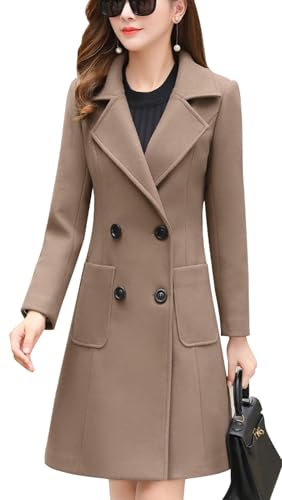 Women Elegant Notched Collar Double Breasted Wool Blend Over Coat