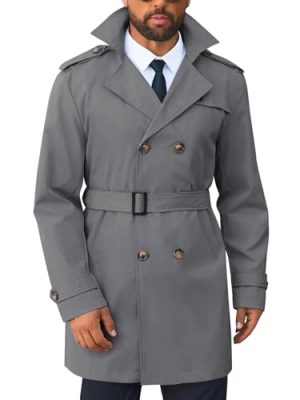 Men's Trench Coat Double Breasted Notched Lapel Long Jacket Belted Windbreaker Casual Slim Fit Overcoat