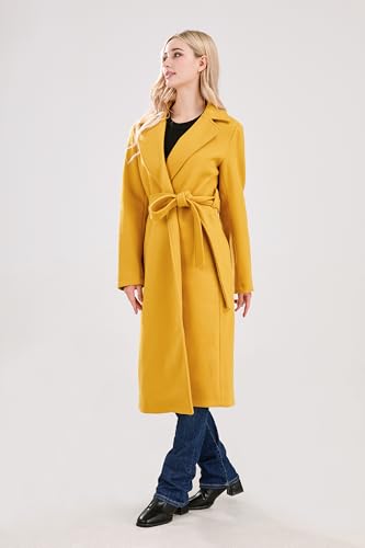 Womens Long Wool Pea Coats Notched Collar Open Front Woolen Blend Trench Coat with Belt